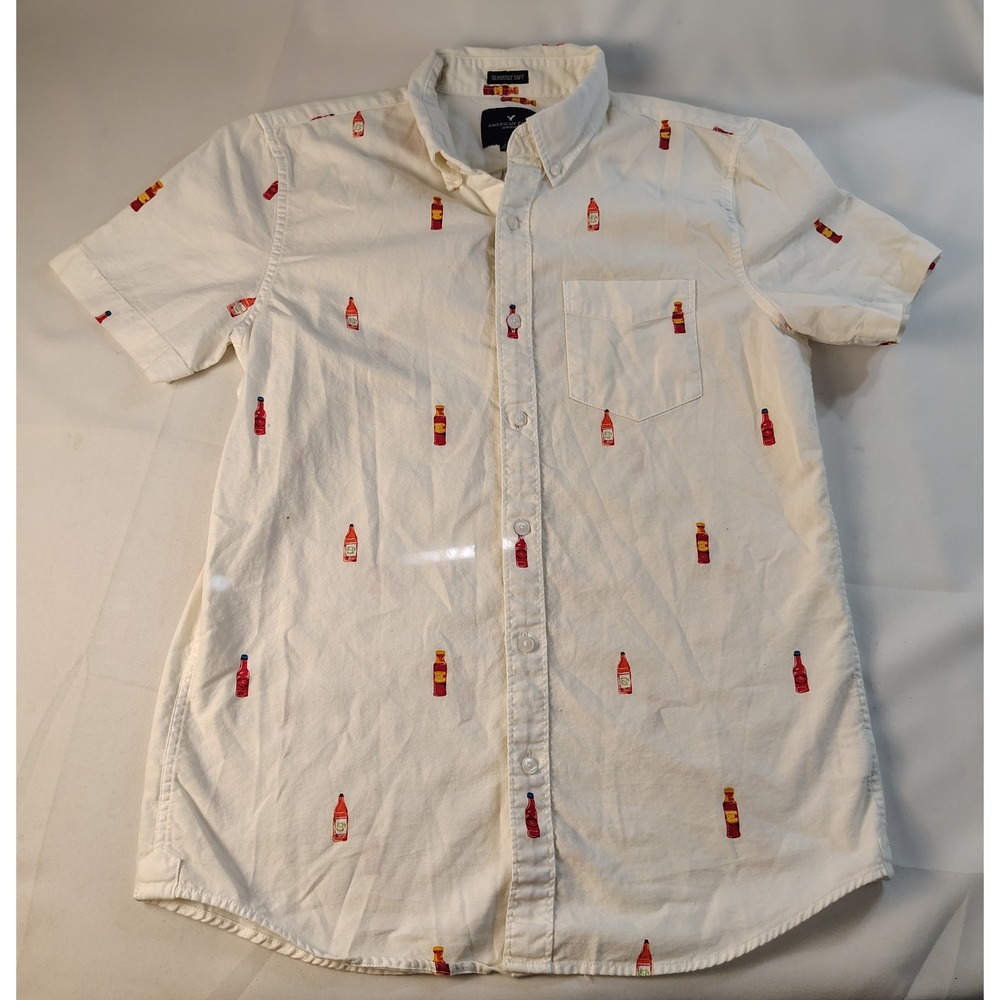 American Eagle Mens Small White Hot Sauce Print Short Sleeve Button Down Shirt